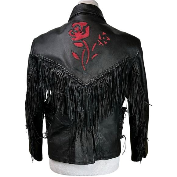 VTG Black Cow Hide Leather Fitted Biker Jacket Red Floral Embroidery Size Small - Picture 5 of 10